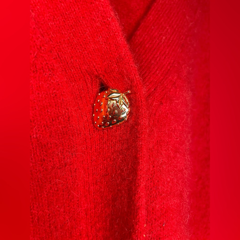 & Other Stories Red Wool Cardigan with Puff Sleeves and Strawberry Buttons